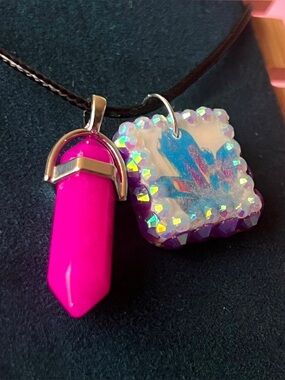 Pink & Blue Crystal Cluster Necklace | Bedazzled Gem Charm Pendant